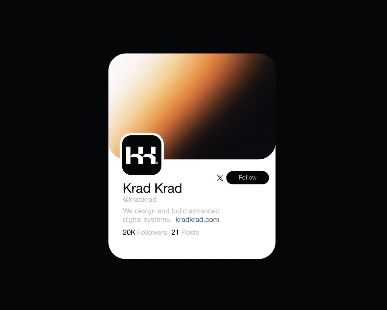 Krad Krad social profile card with an orange gradient