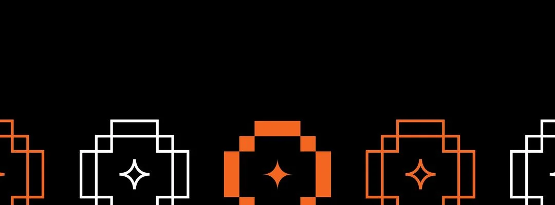 The pixel emblem repeated in white and orange outlines
