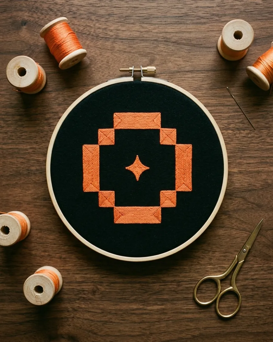 The orange emblem embroidered on black fabric in a wooden hoop