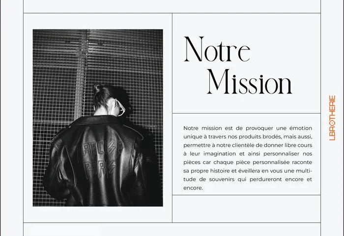 Our mission page with a black and white photo of an embroidered jacket