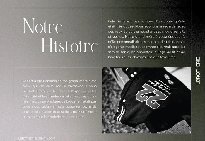 Our story page with an embroidered varsity jacket
