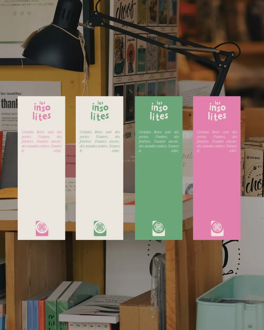 Four bookmarks on the shop’s shelves
