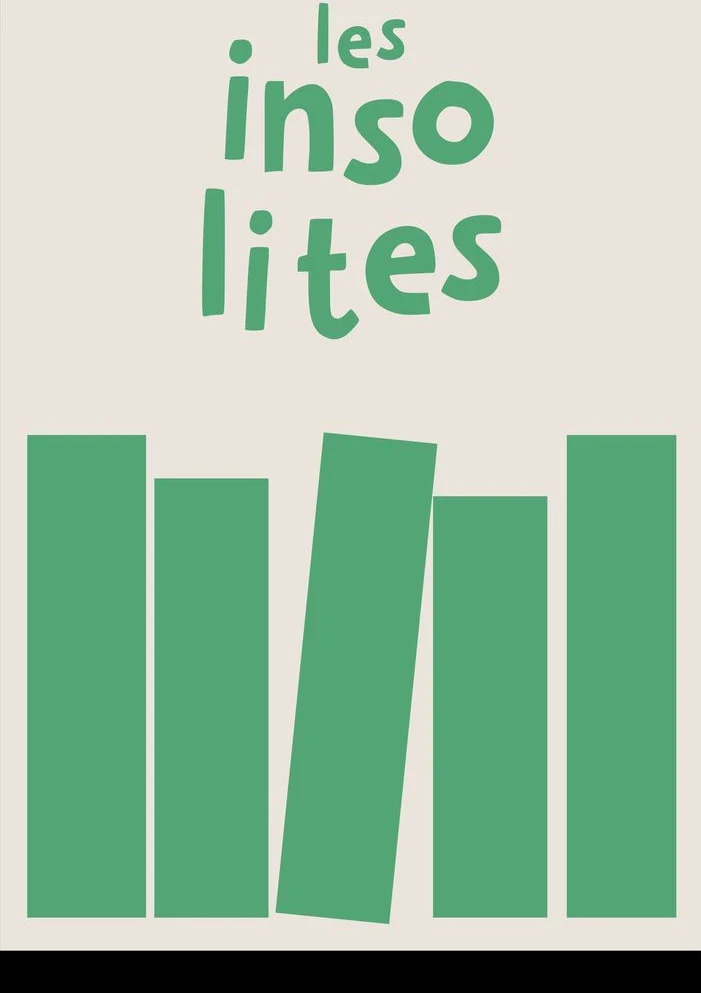 The les insolites logotype in green above green book spines