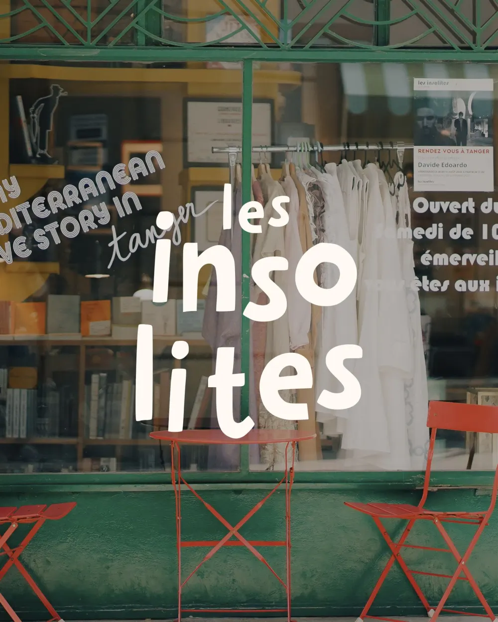 The logotype in white over the shop window and its red chairs
