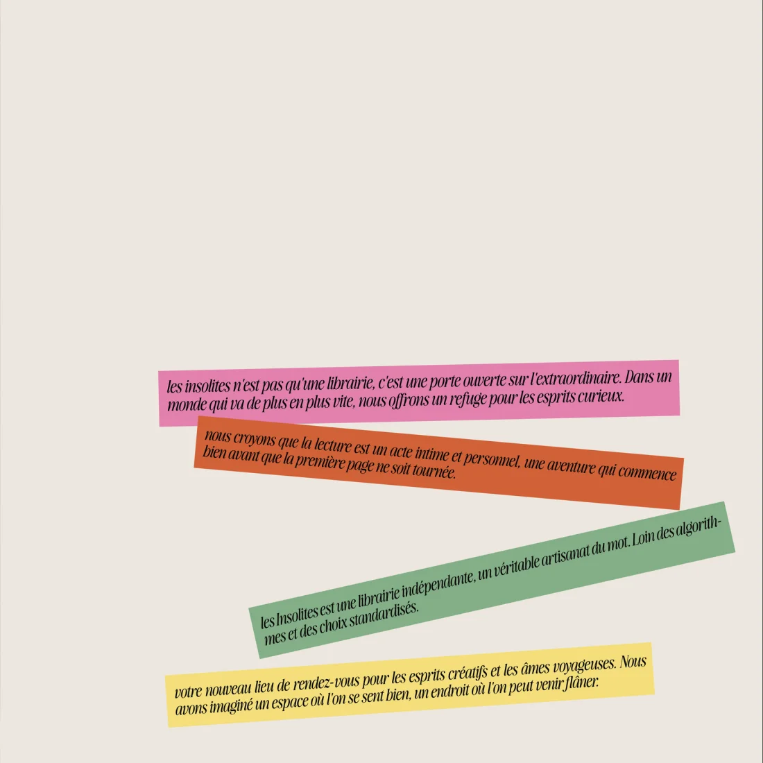 Four coloured strips with the bookshop’s statements in italic serif