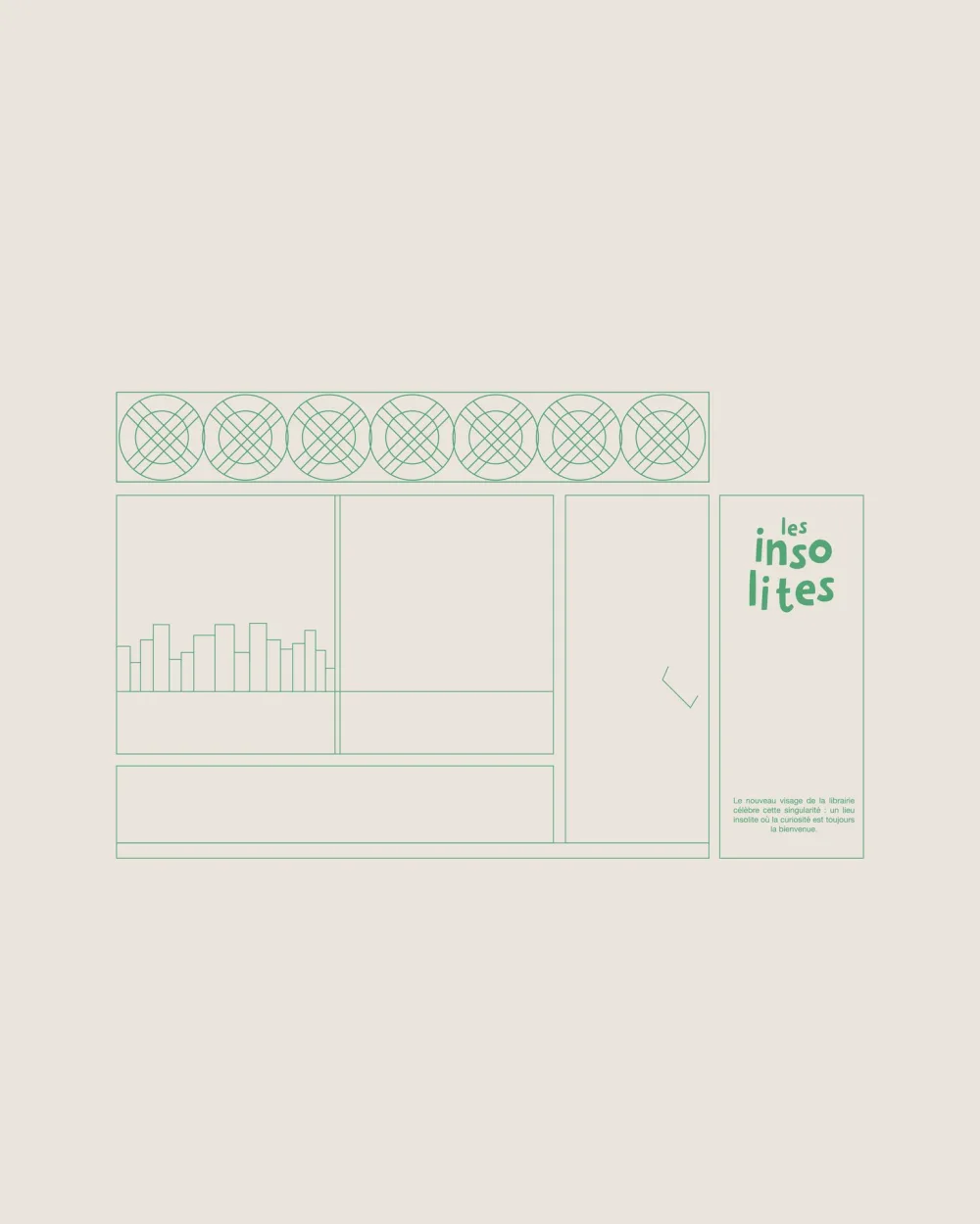 Line drawing of the shop window with a row of lattice emblems