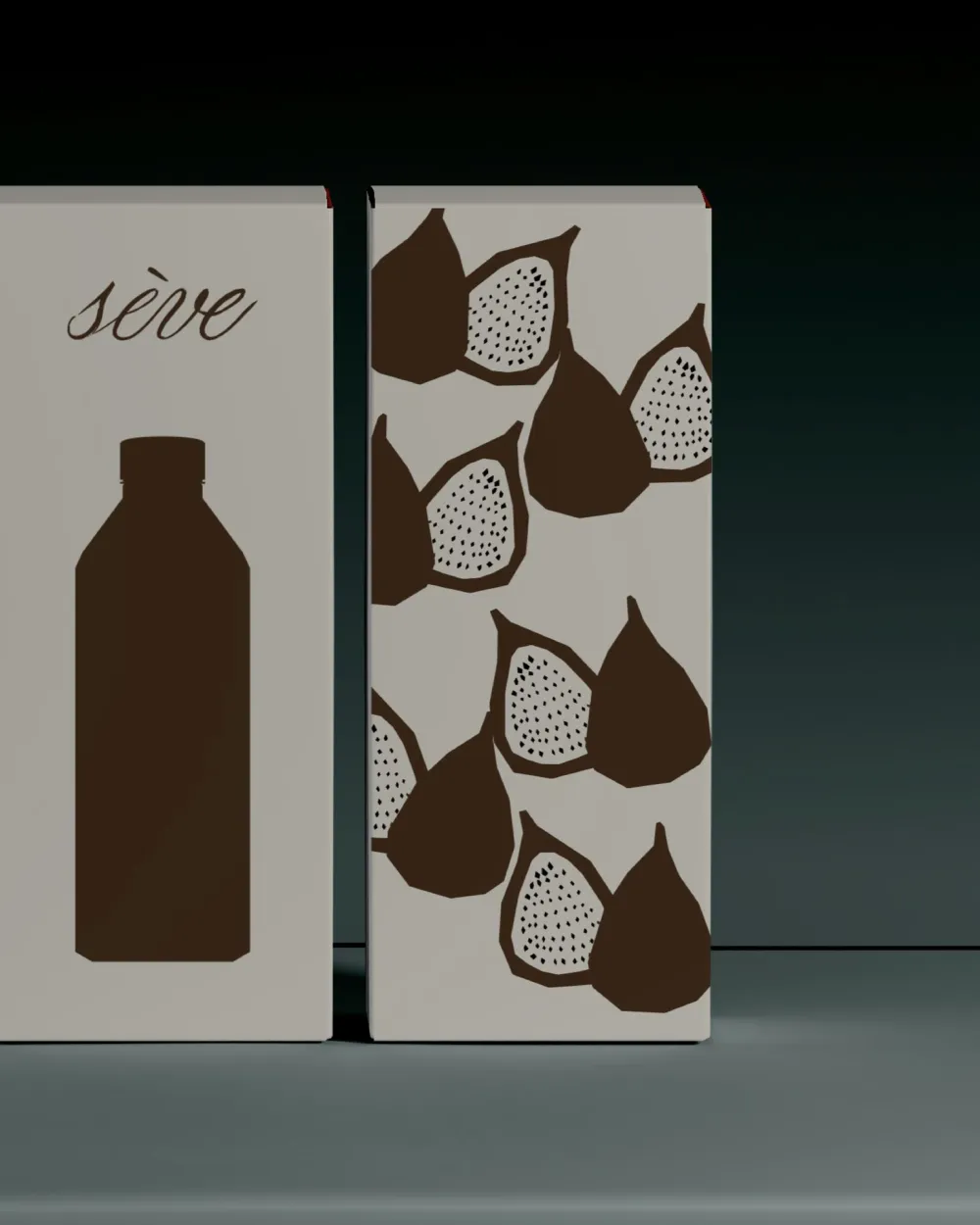 Sève boxes with a bottle silhouette and a fig pattern
