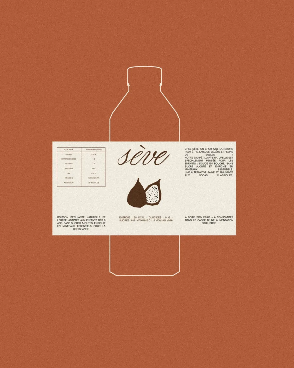 Flat Sève label with a fig on a terracotta background