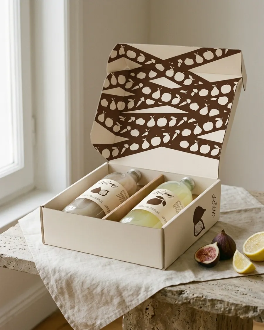 Sève gift box with the fruit pattern inside the lid, a fig and a lemon bottle
