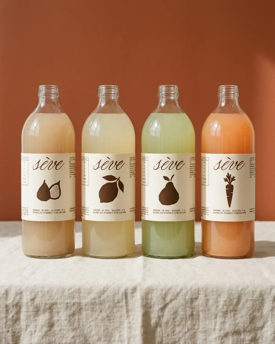 Four Sève bottles with their cream band labels, one bark-brown fruit per flavour, against a terracotta wall
