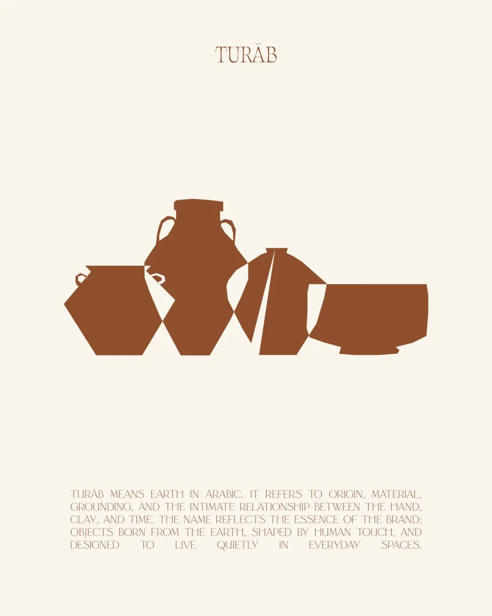 The Turāb wordmark above four terracotta vessel silhouettes and the meaning of the name