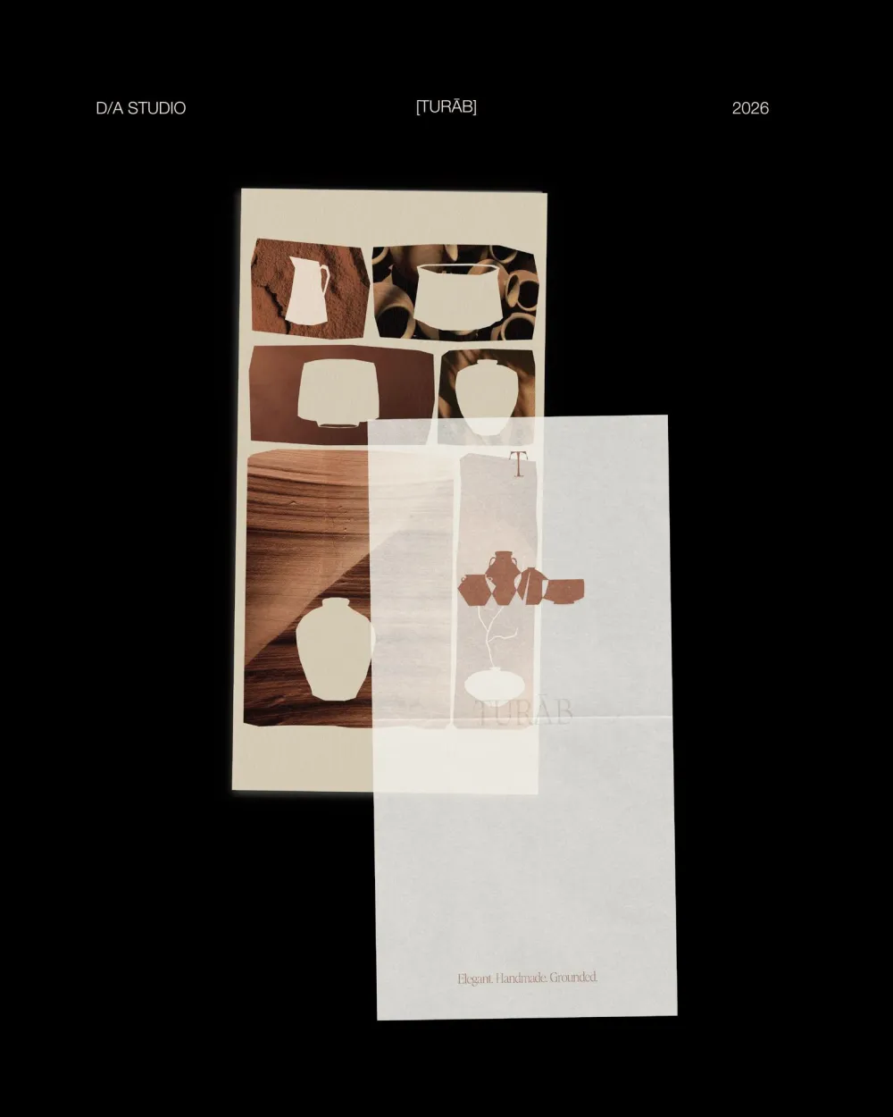 Turāb posters with vessel collages and a translucent overlay