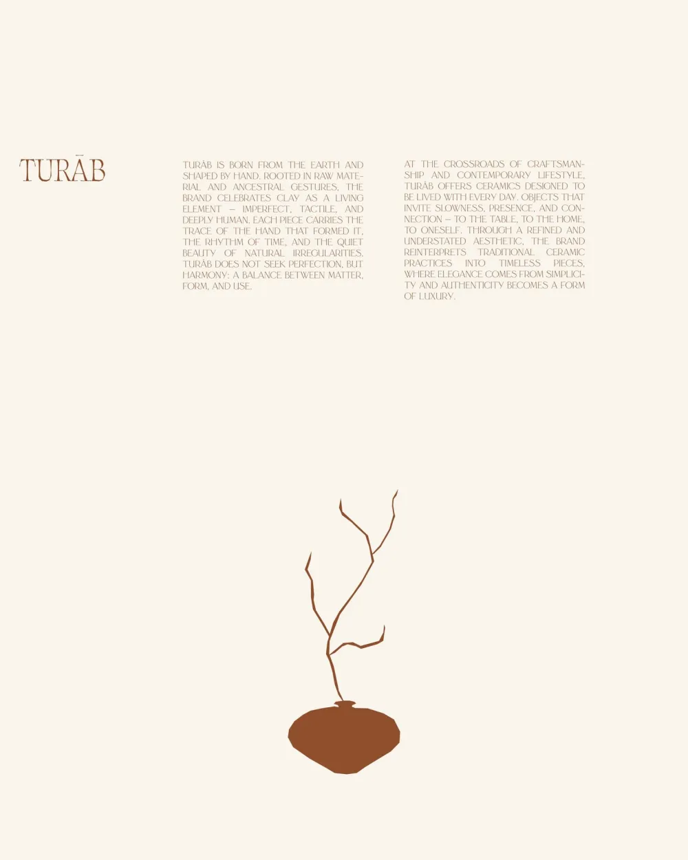 Brand story page with a branch in a terracotta vase