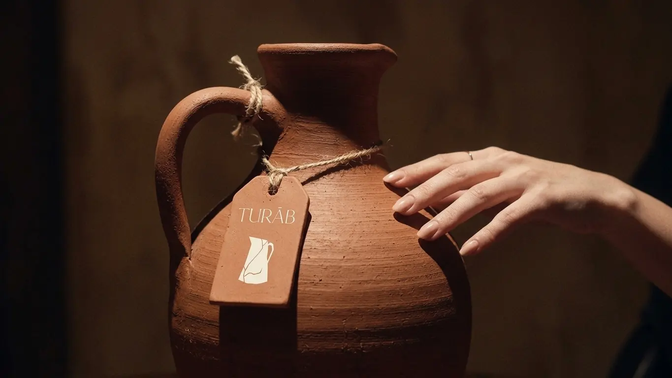 A handmade terracotta jug wearing the Turāb hang tag, a woman’s hand resting on it
