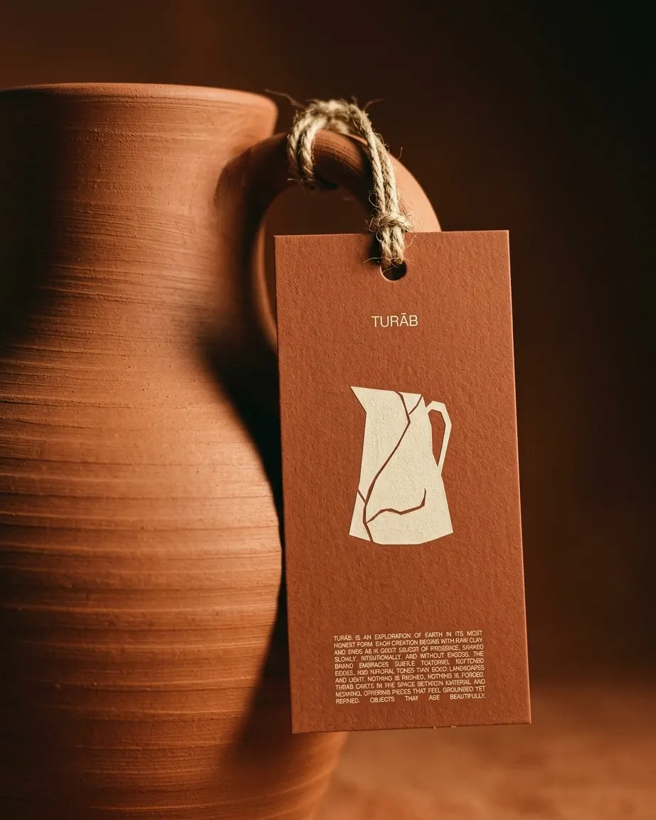 The hang tag tied with jute twine to a terracotta jug