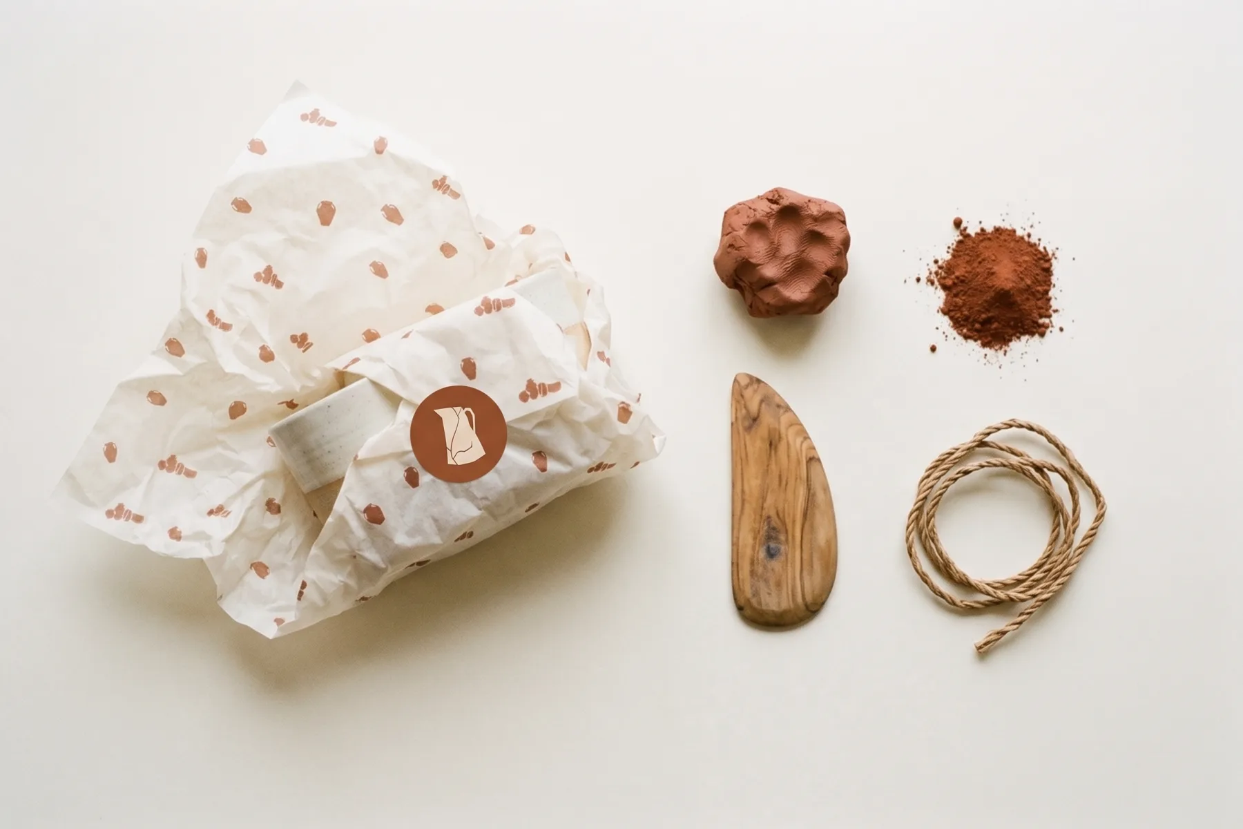 A cup wrapped in tissue printed with vessels, sealed with the cracked-jug sticker, beside raw red clay, an olive-wood potter’s rib and a palm-fibre cord