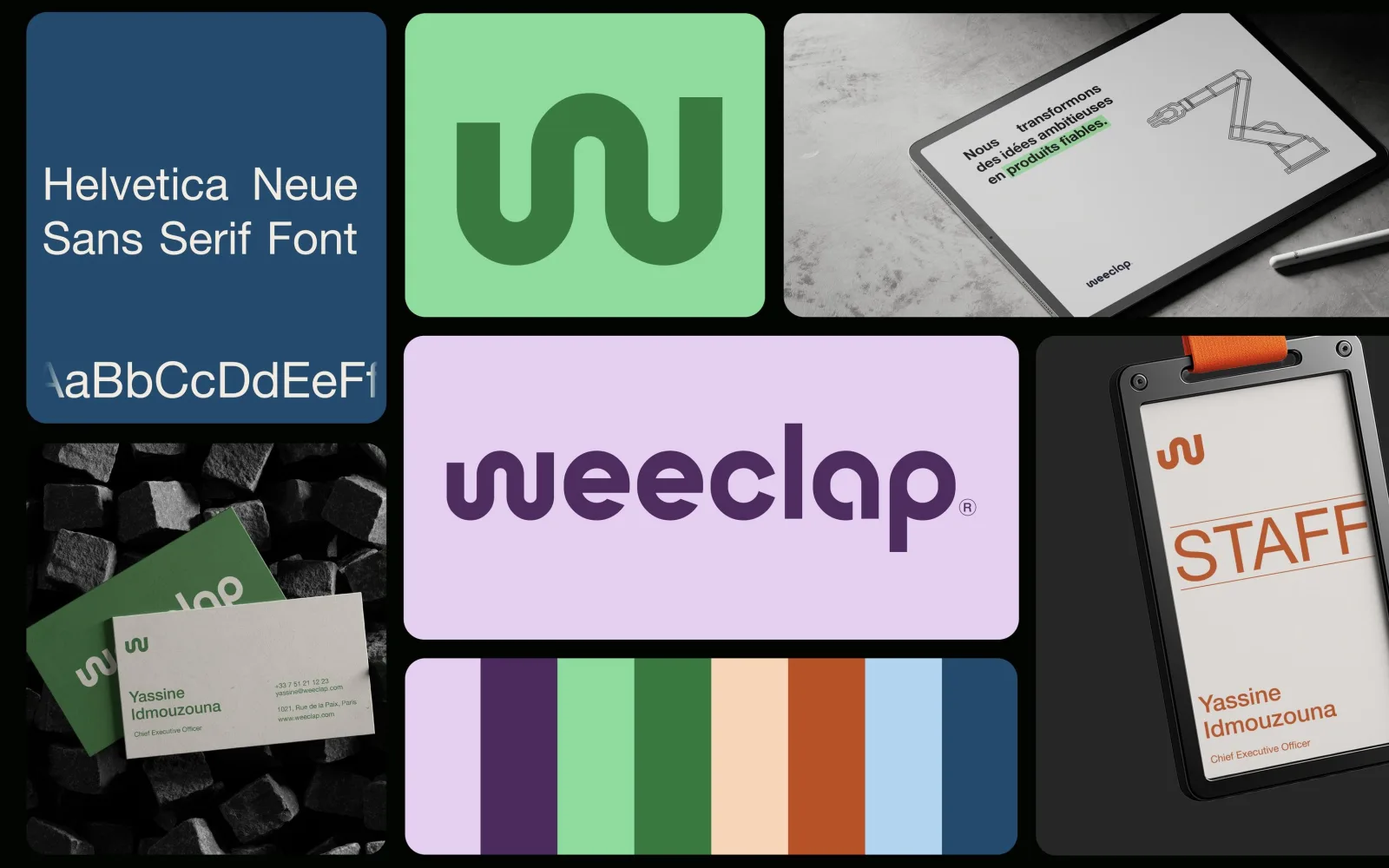 Weeclap identity board: Helvetica Neue, the W monogram, the wordmark, the palette, business cards, a tablet and a staff badge