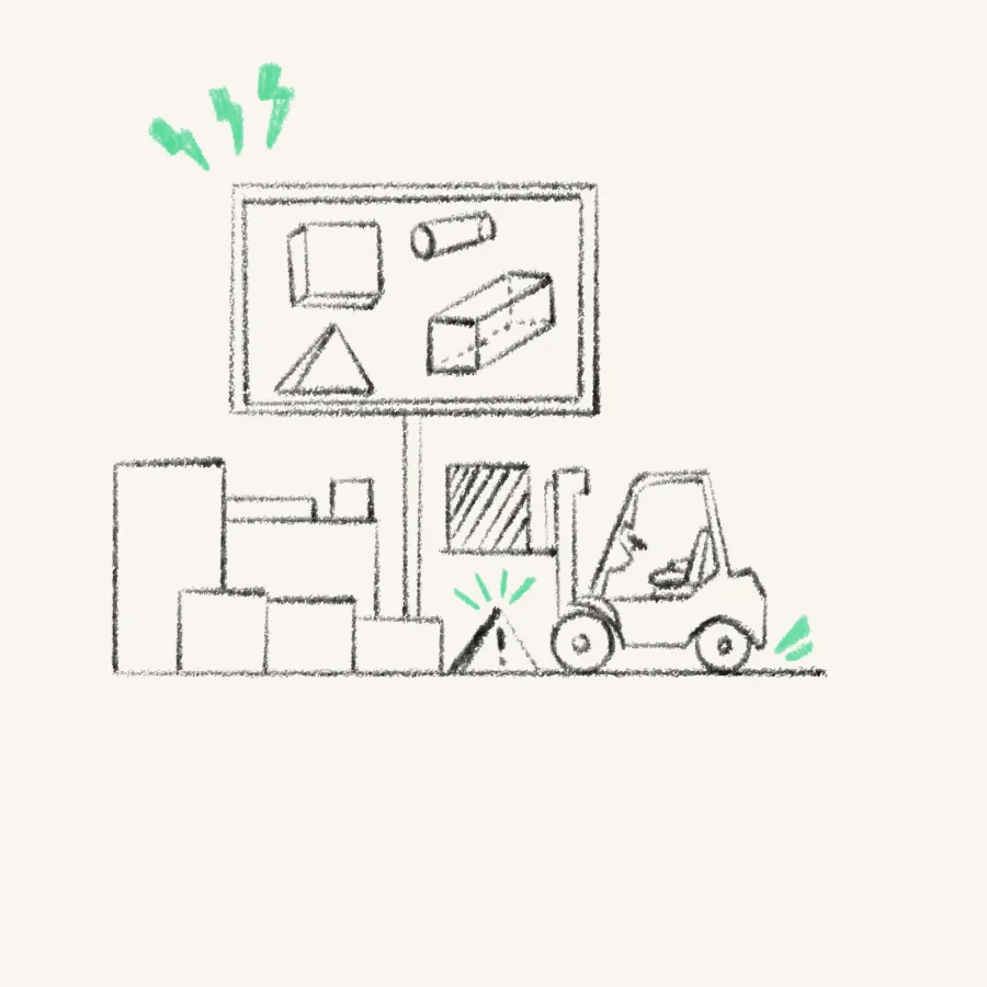 Sketch of a forklift and a board of prototypes