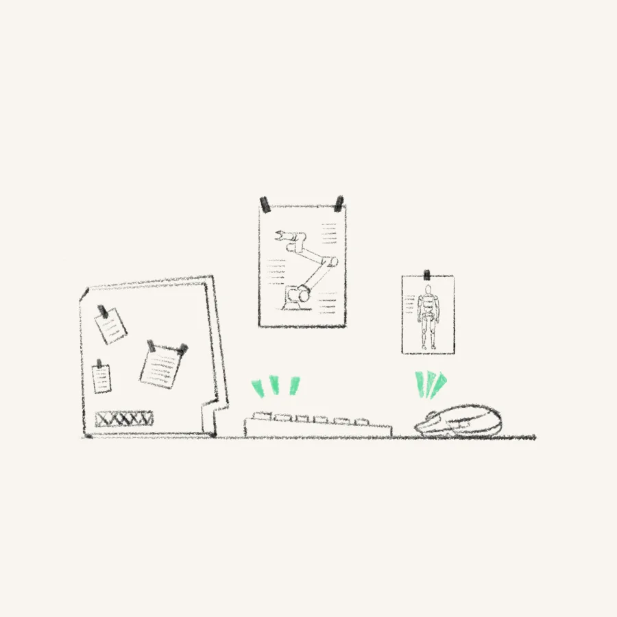 Sketch of a workshop wall with plans and a robot