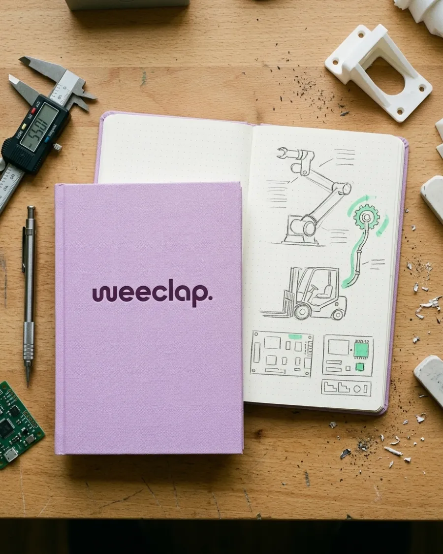 Lilac Weeclap notebook open on pencil sketches of a robot arm and a forklift, among calipers and circuit boards