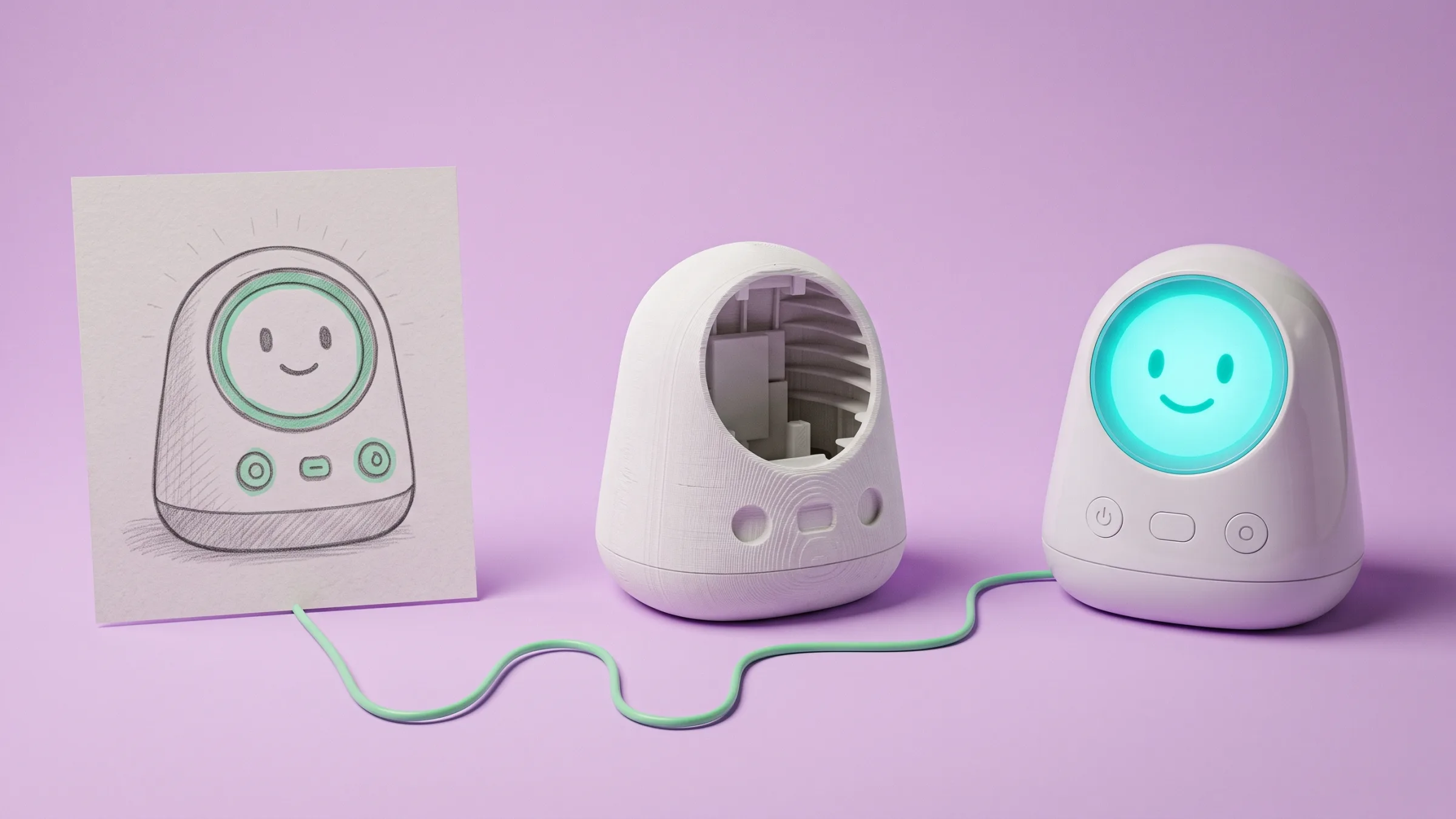 A pencil sketch, a raw 3D-printed prototype and the finished smart assistant lined up on lilac, linked by a mint wire