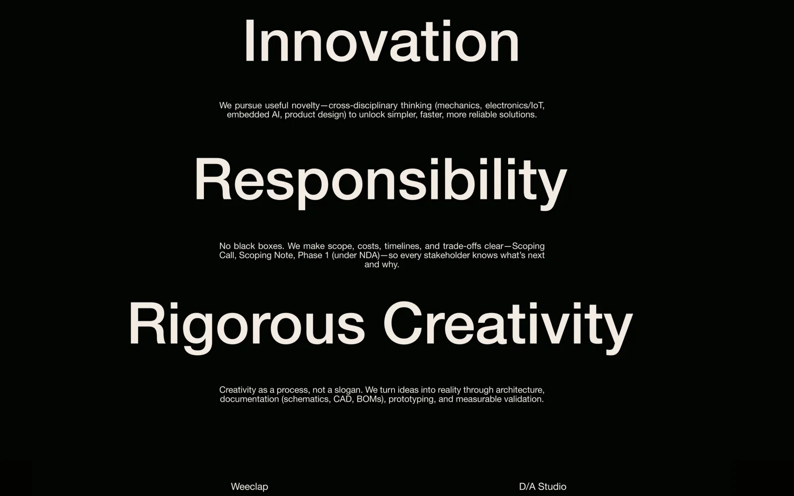 Innovation, Responsibility, Rigorous Creativity, each with its promise, in white on black