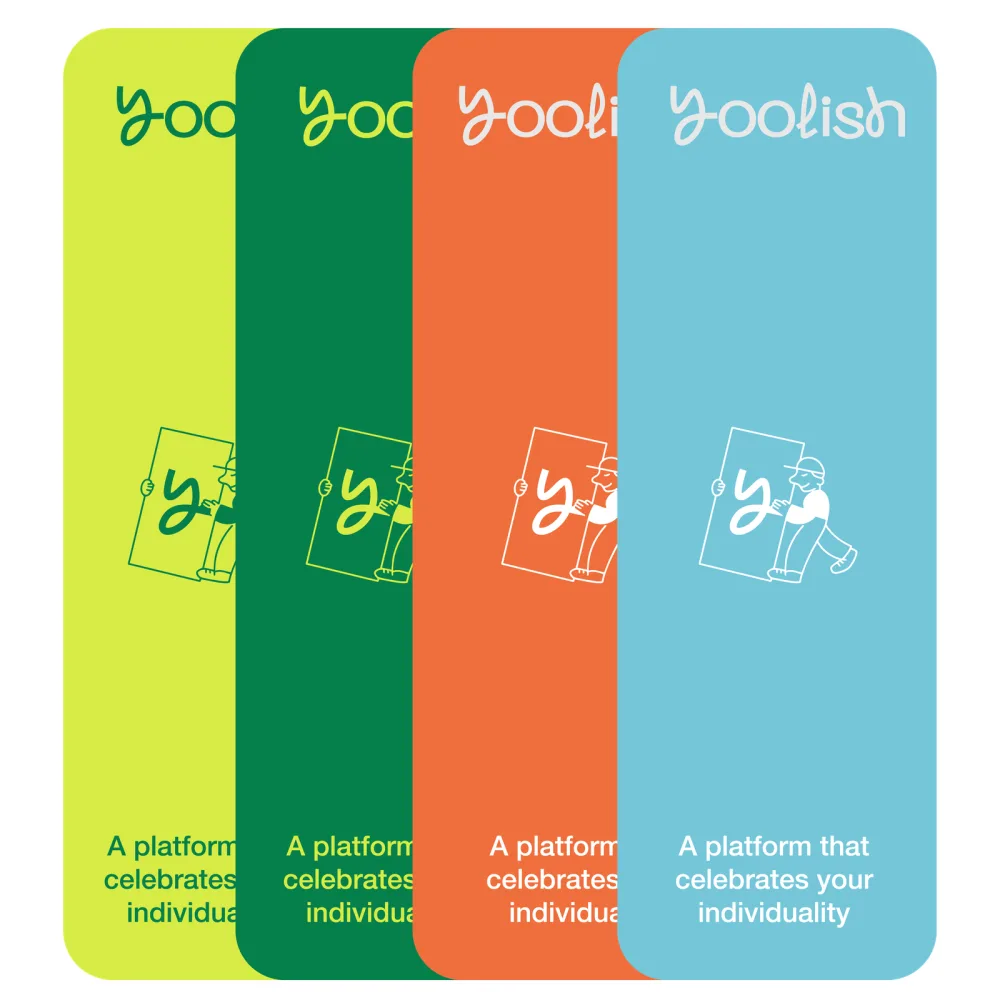 Four Yoolish cards in lime, green, orange and blue