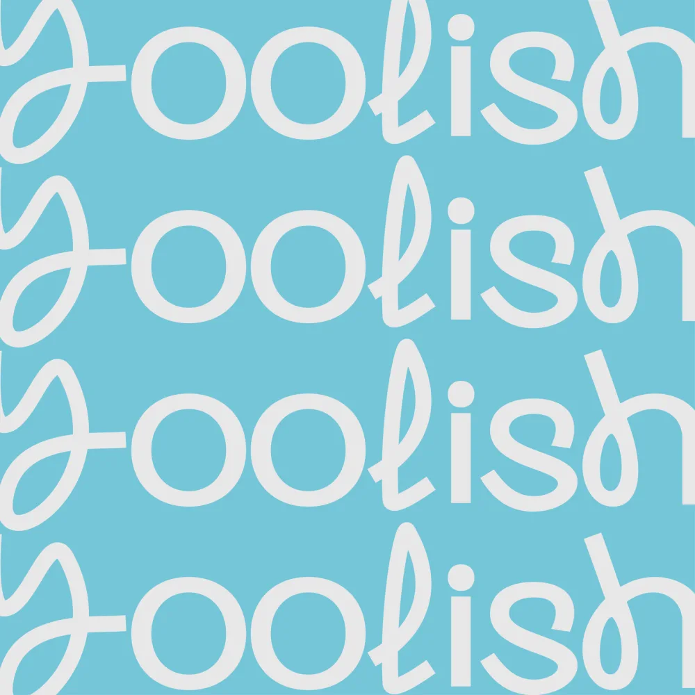 The Yoolish wordmark repeated in white on sky blue